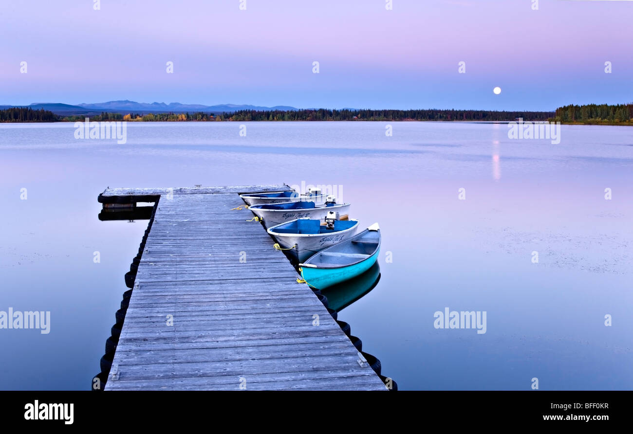 Full moon over wharf at Anahim Lake British Columbia Canada Stock Photo