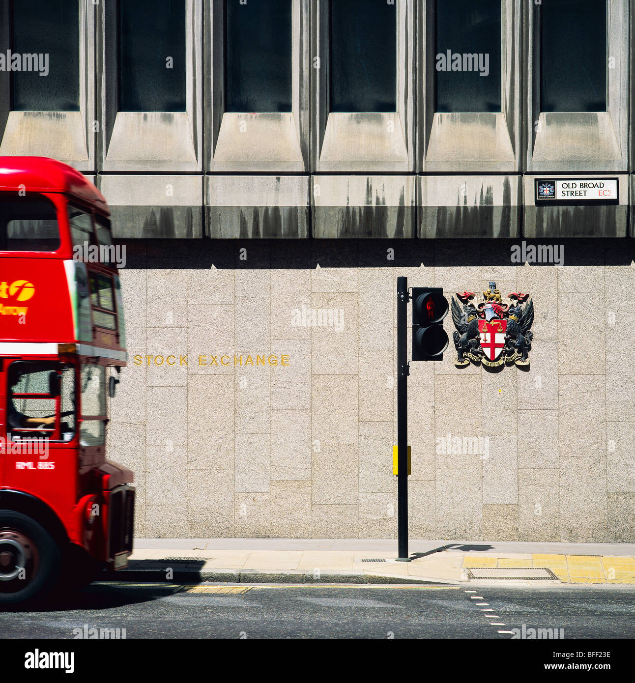 Former Stock Exchange wall, Old Broad street, red bus, City of London