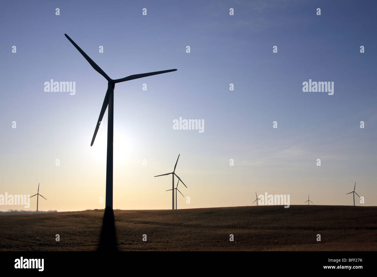 Wind Turbine Electrical Generators backlit by the morning sun in North