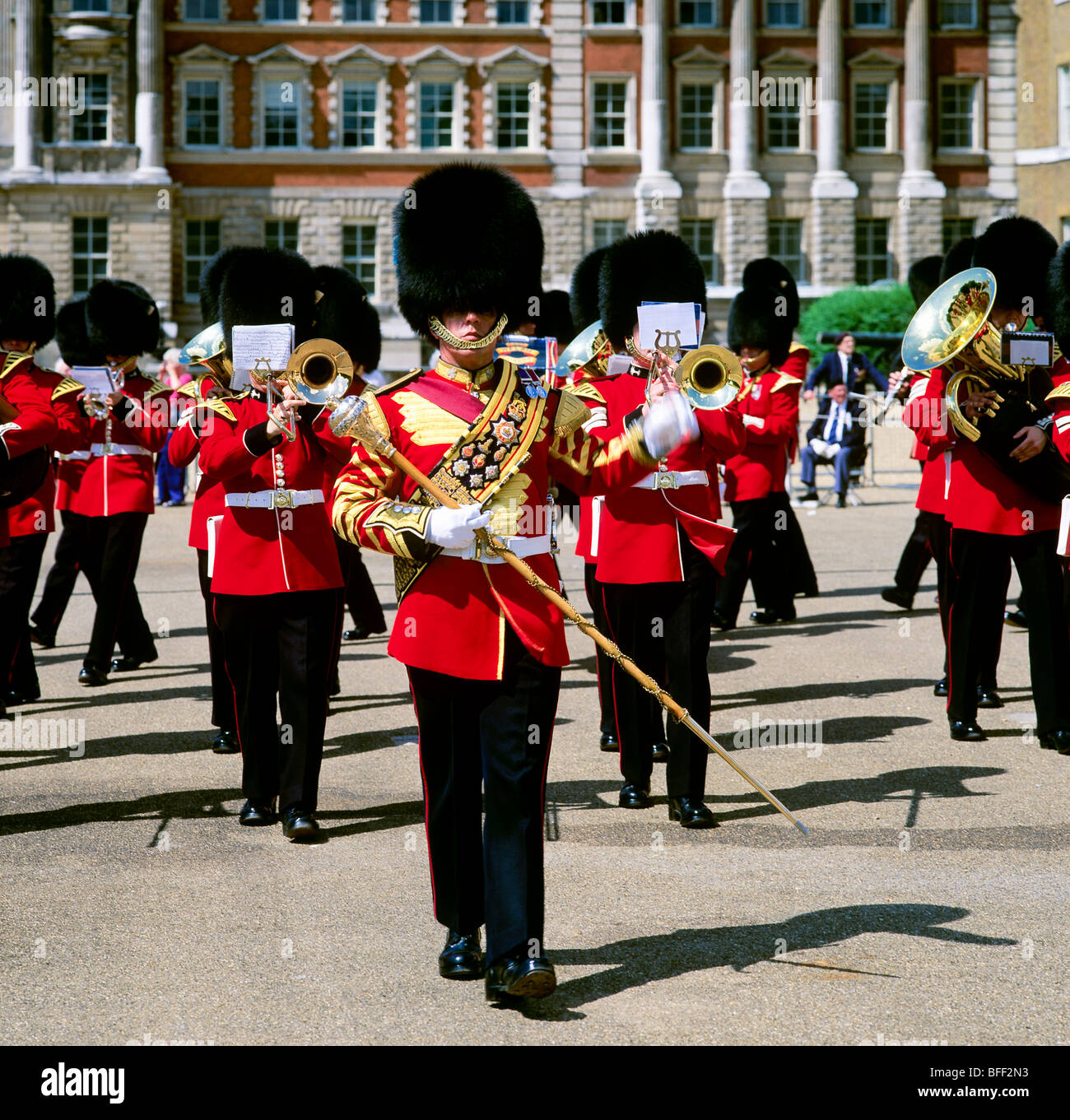 Drum Major leading Royal Welsh guards marching band Whitehall London Great Britain Stock Photo