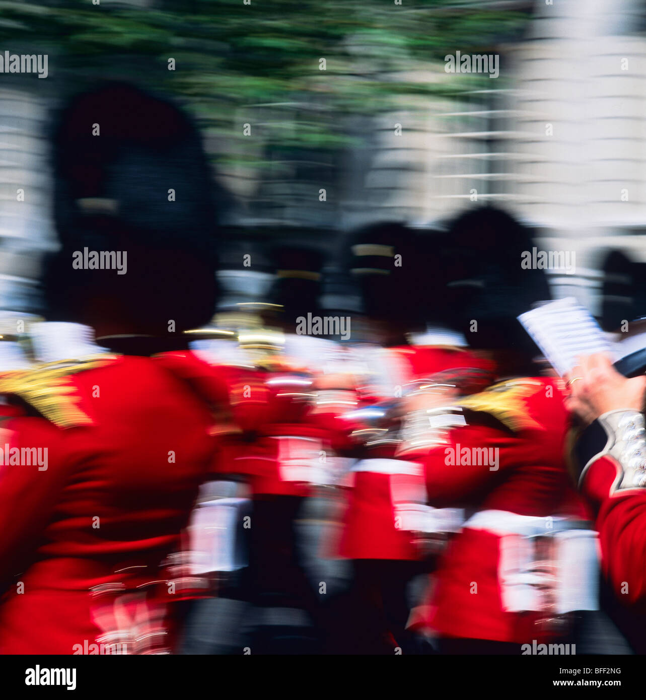 Blurred view of Royal Welsh guards marching band London Great Britain Stock Photo