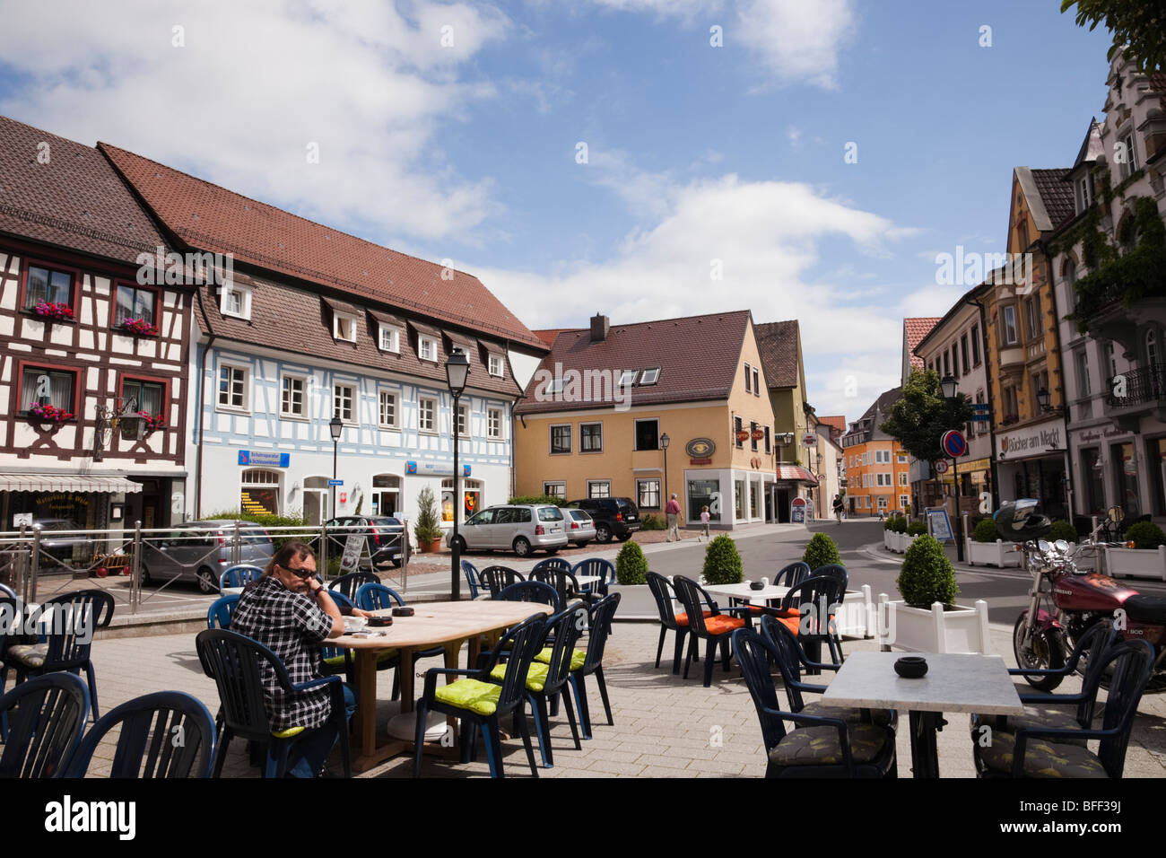 Historic buildings and pavement cafe on the main street in small town. Market Place, Stockach, Baden Wurttenburg, Germany. Stock Photo