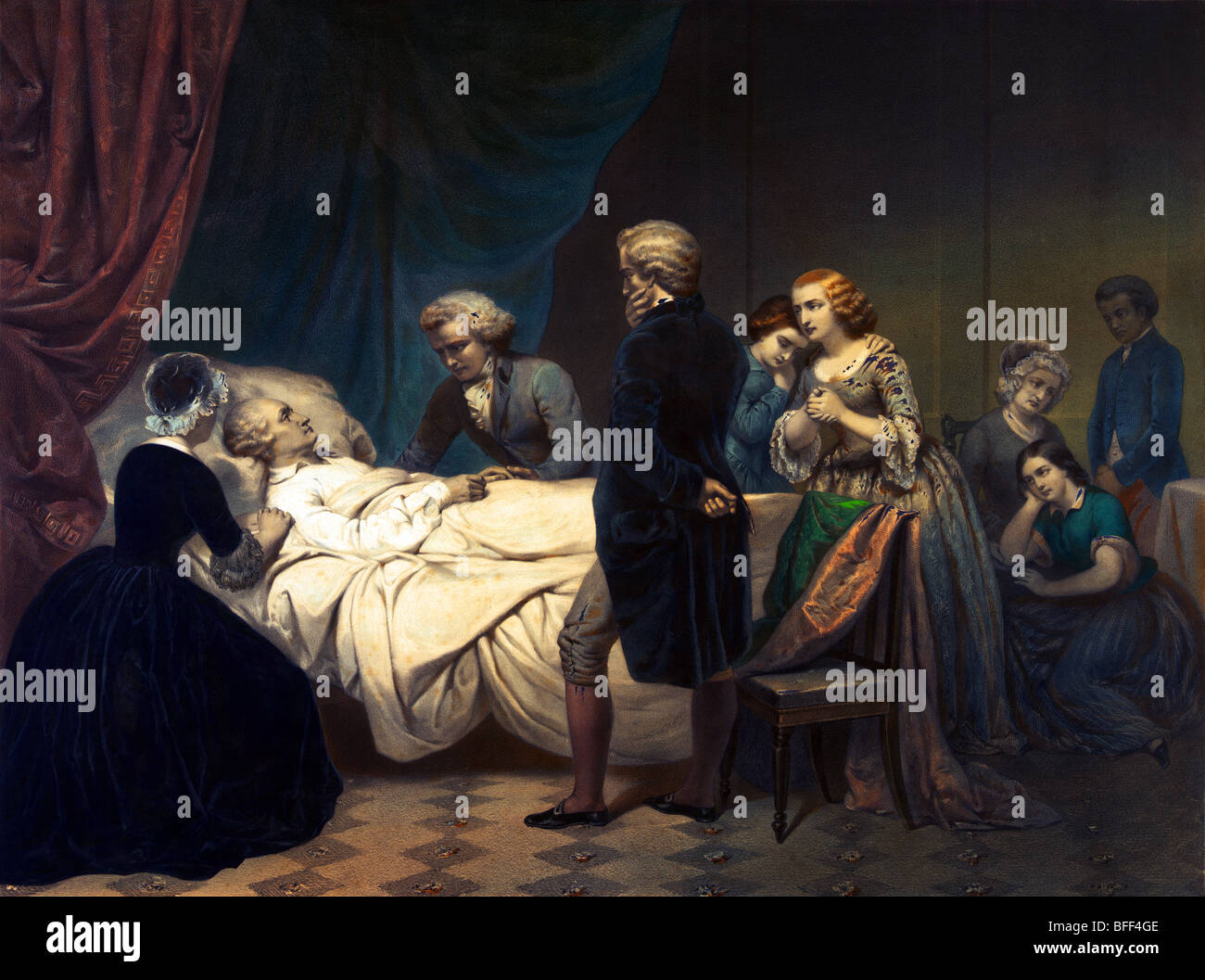 Print showing George Washington on his deathbed in 1799 surrounded by family and friends at his Mount Vernon plantation home. Stock Photo