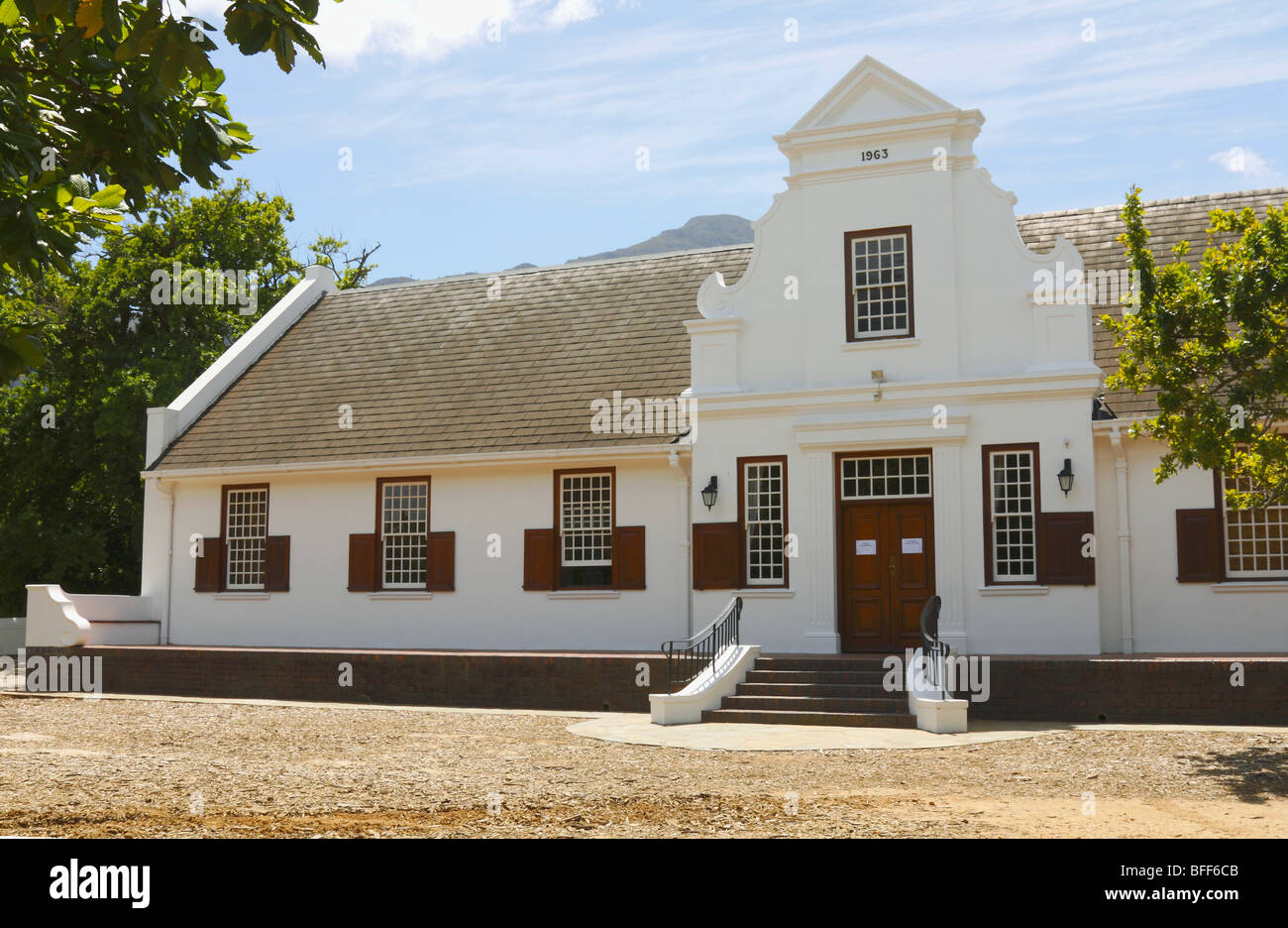 Typical Dutch architecture of the buildings and city view in  Franschhoek, West Cape, South Africa, November, 2009 Stock Photo