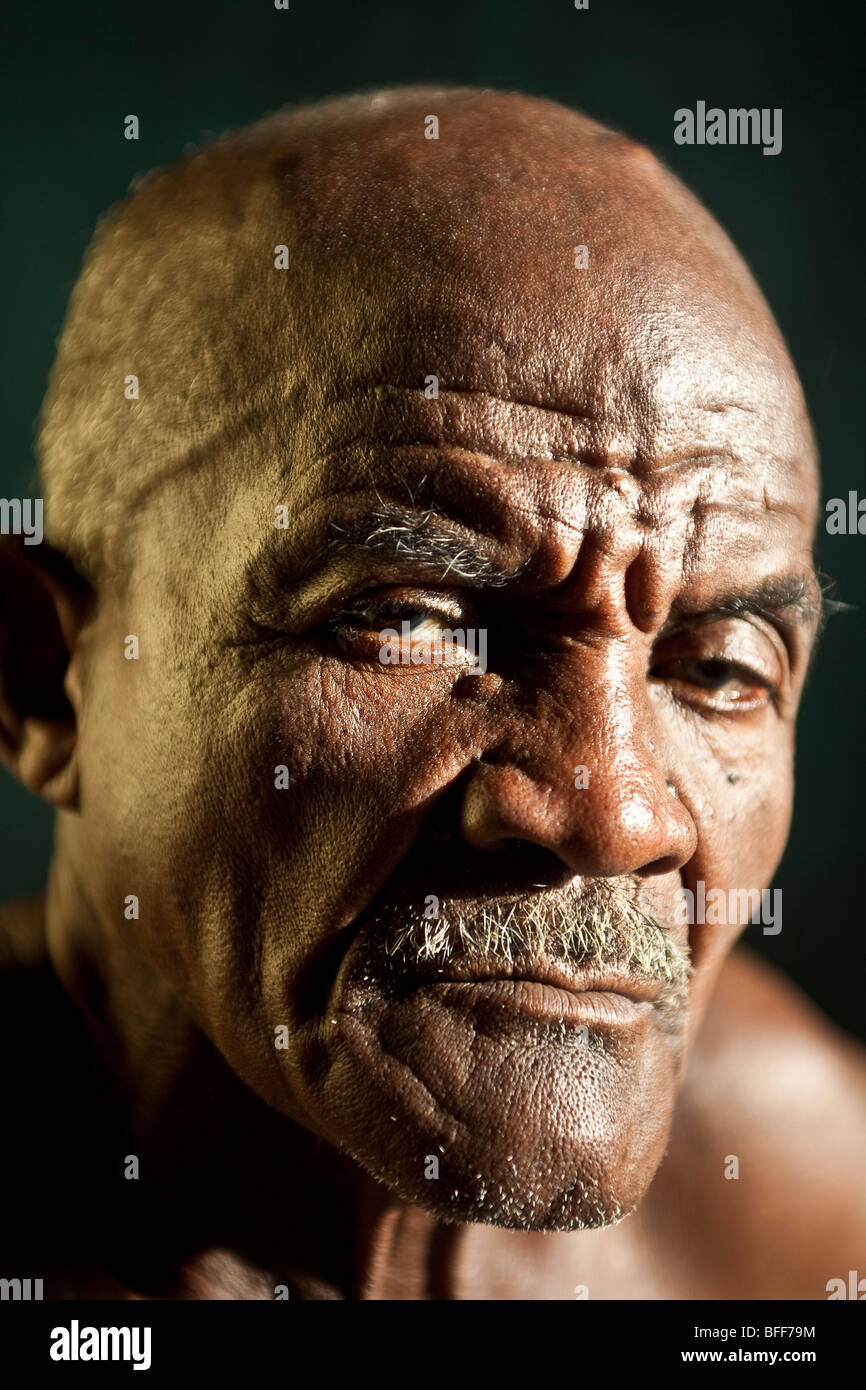 Portrait of senior black man at Agrovila Maruda , a Quilombo in Alcantara, Maranhao, Northeast Brazil. Stock Photo