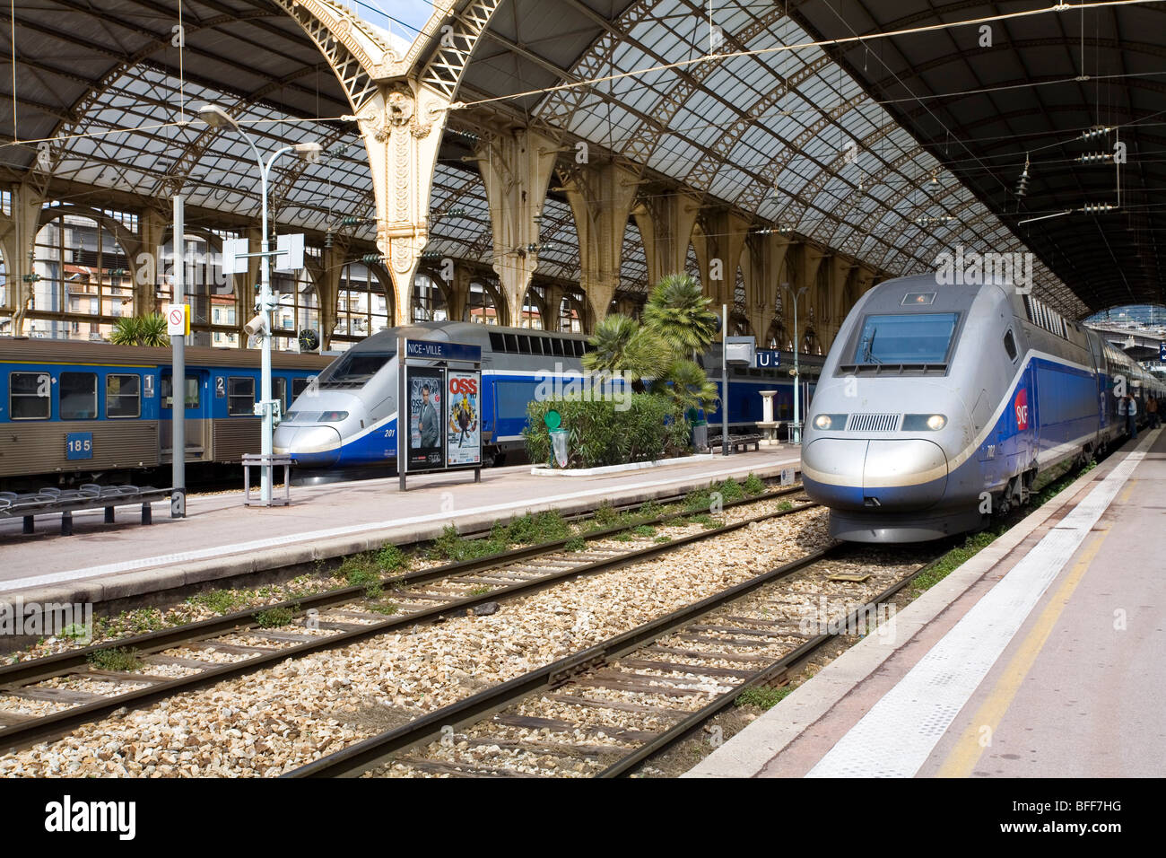 TGV high speed railroad trains at the Nice-Ville station in the town of Nice, Cote d'Azur, France Stock Photo