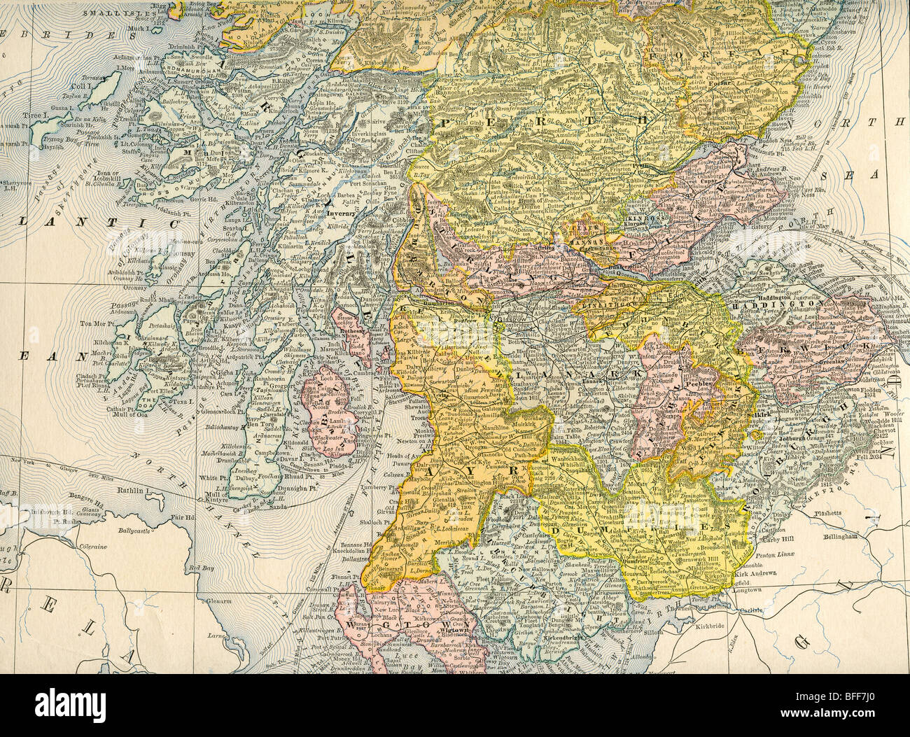 Original old map of Scotland Lowlands from 1884 geography textbook