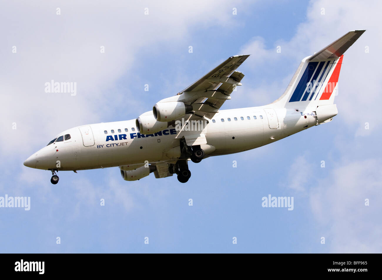 Avro RJ85 operated by Cityjet, on behalf of Air France, on approach for landing at Birmingham Airport Stock Photo