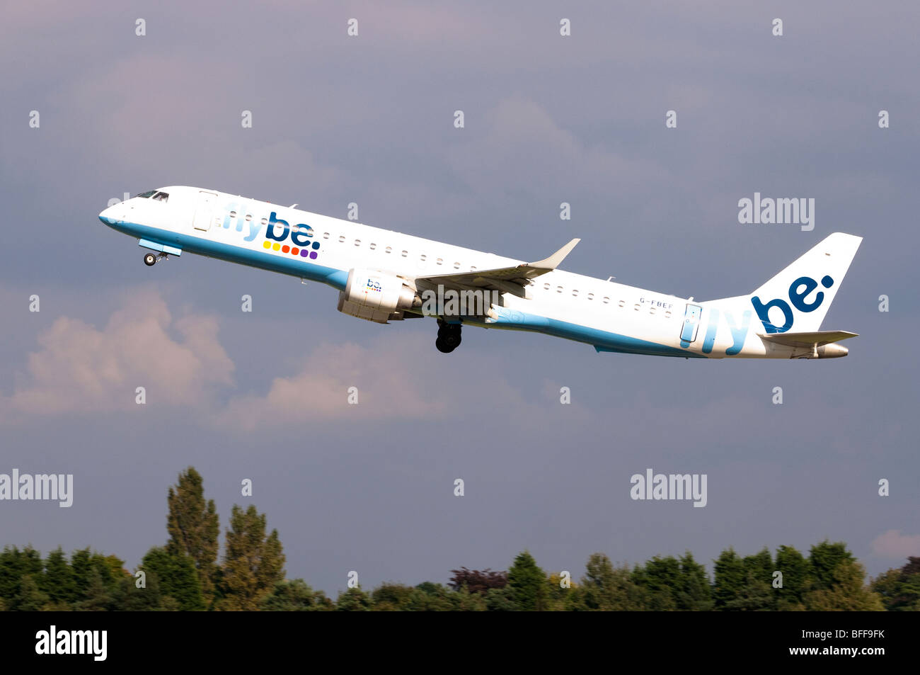 Embraer ERJ-190 operated by Flybe taking off at Birmingham Airport Stock Photo