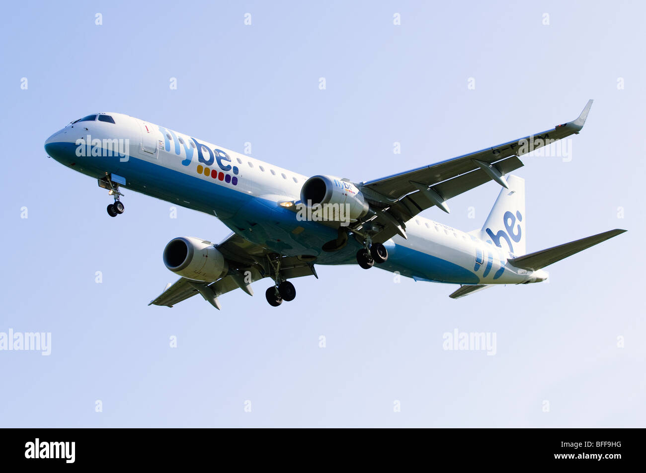 Embraer ERJ-190 operated by Flybe on approach for landing at Birmingham Airport Stock Photo