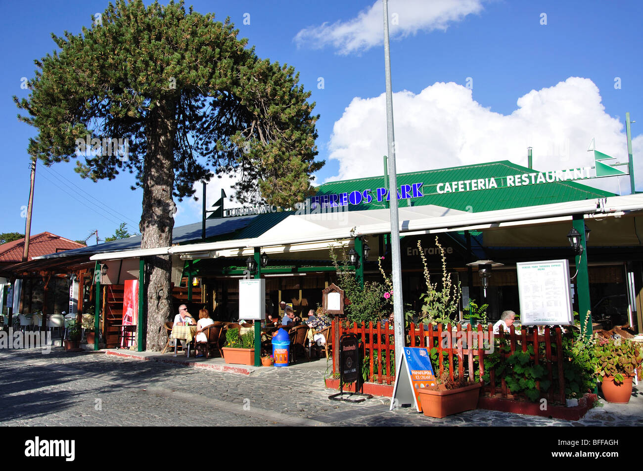 Street cafe, Troodos Village, Troodos Mountains, Limassol District, Cyprus Stock Photo