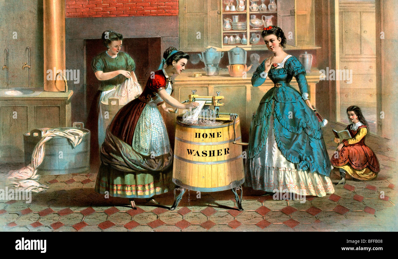 Home washing machine & wringer, Modern Conveniences, circa 1869 Stock Photo