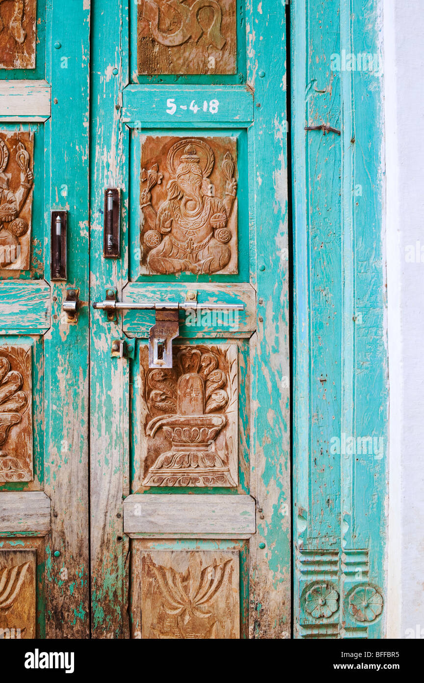 Old Indian carved house front door Stock Photo