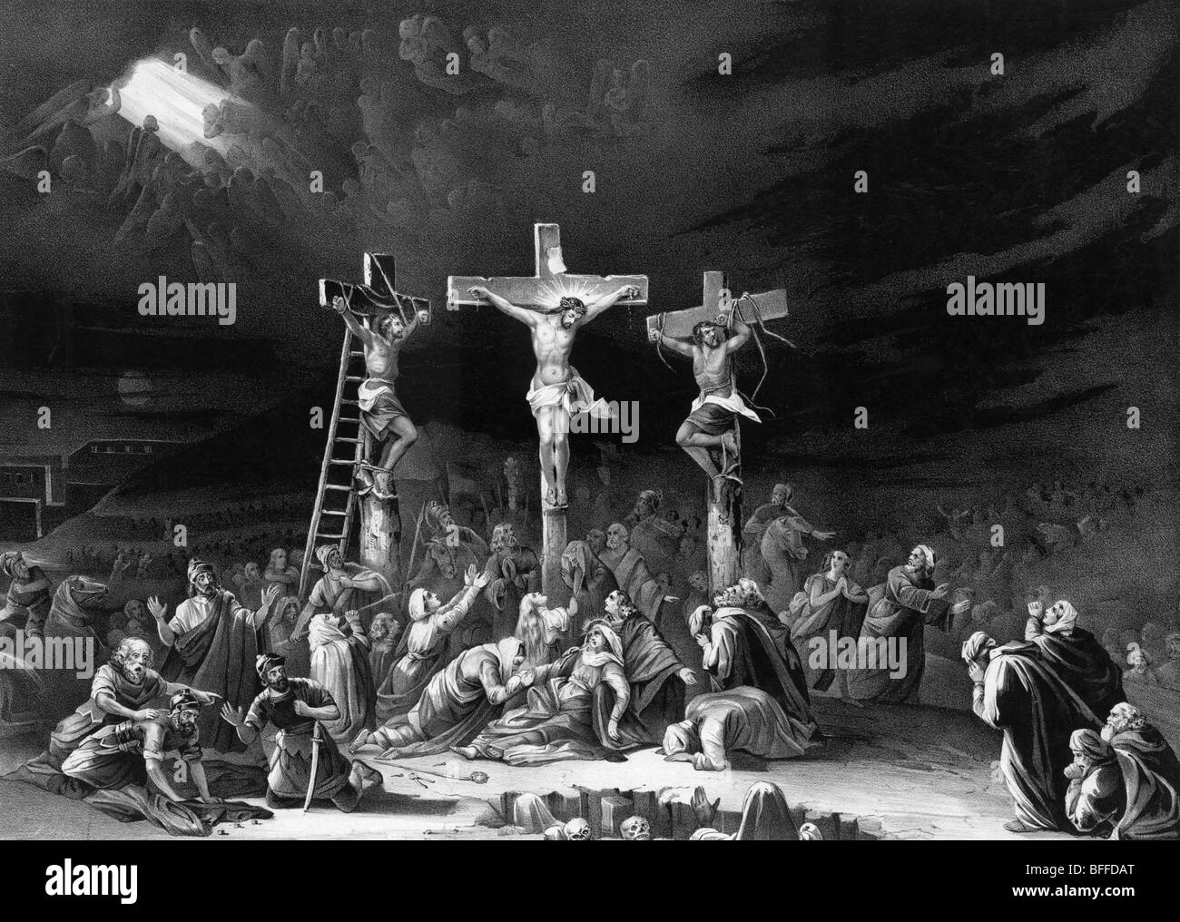 Print depicting the crucifixion of Jesus Christ at Golgotha, outside the walls of ancient Jerusalem, in the first century AD. Stock Photo