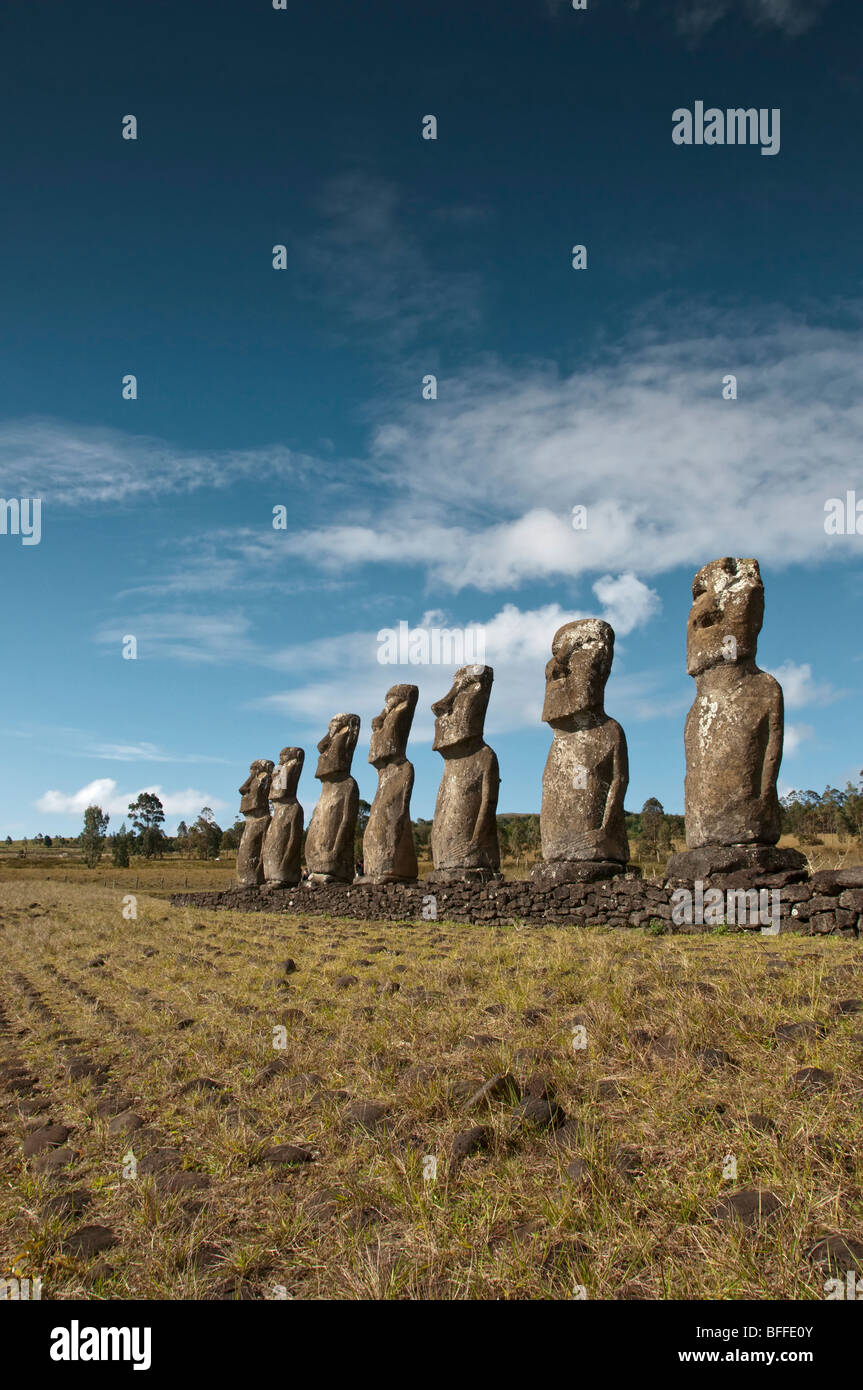 Easter Island Moai Statues at the Ahu Akivi Site. Stock Photo