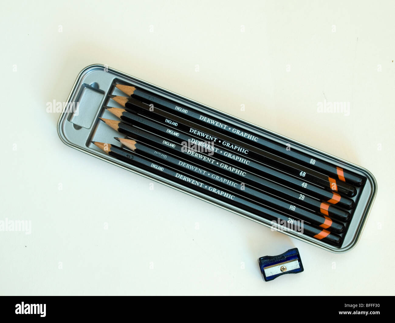 A boxed set of six graphite drawing pencils in a range of hardness from 2H to 8B with a sharpener Stock Photo