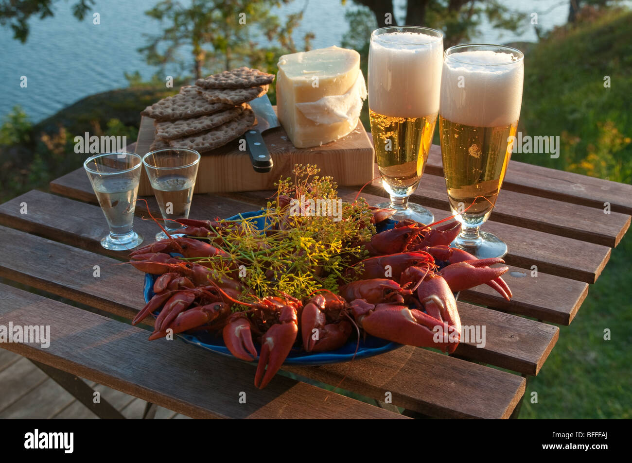Table set for a traditional Swedish crayfish party. Stock Photo