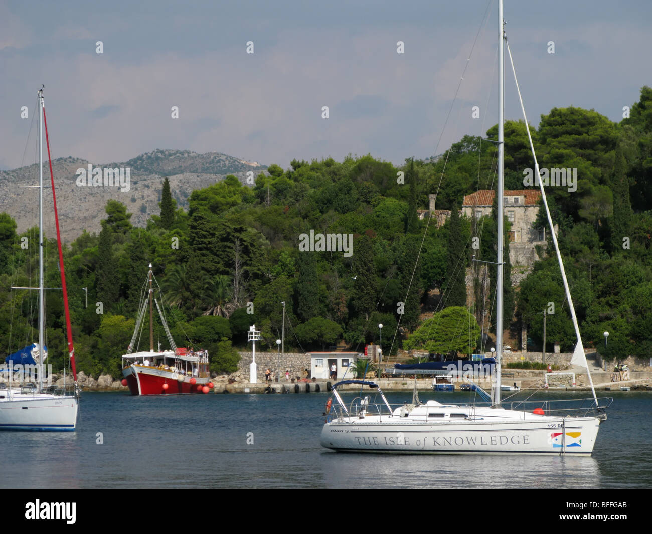 Yacht moored in Donje Celo bay Kolocep with Isle of Knowledge logo of ...