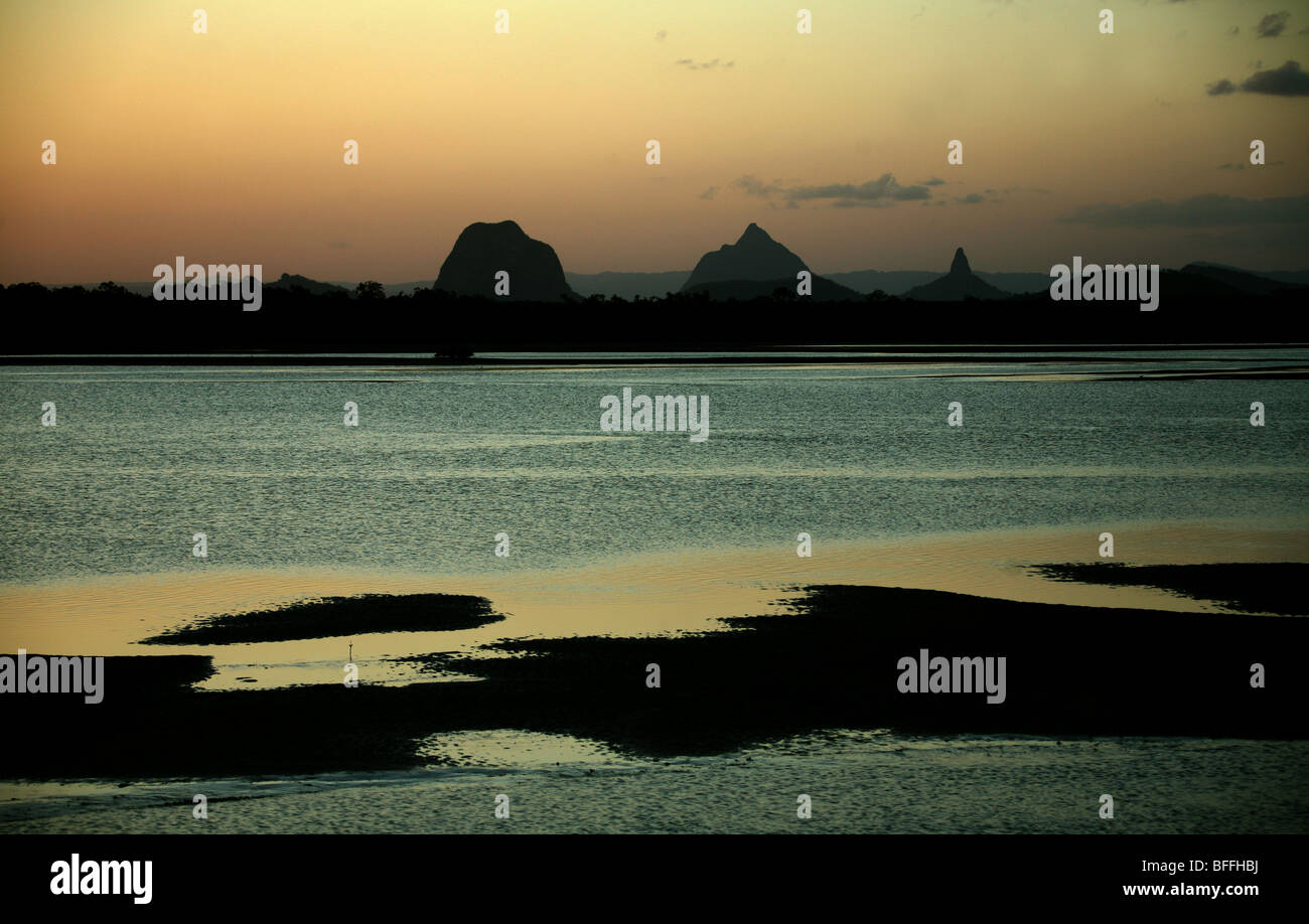 The Glasshouse mountains as seen from Bribie Island in Queensland Stock Photo