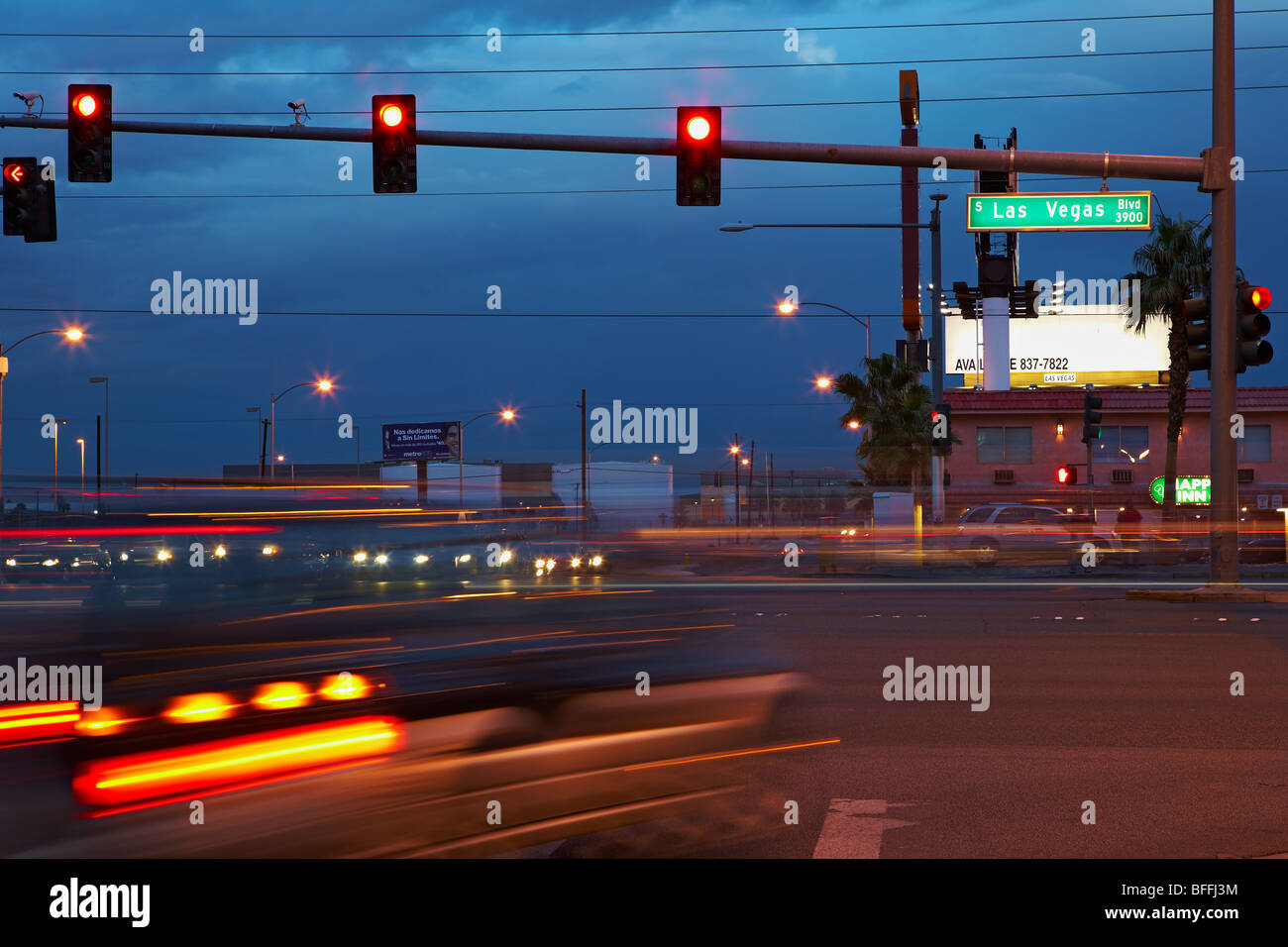 The Strip - Road and blurred cars - Night Scene - Las Vegas Stock Photo