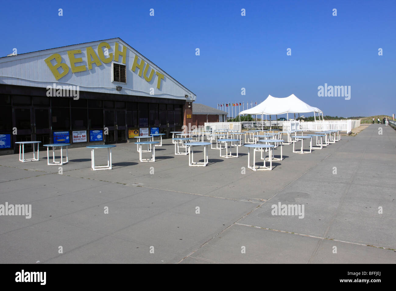 Closed snack bar/restaurant, Smith Point Beach, Long Island, NY Stock Photo