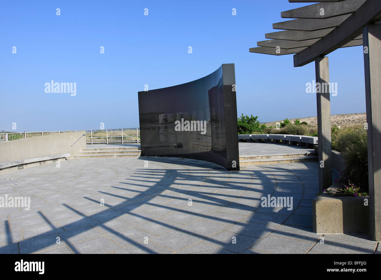 The TWA Flight 800 Memorial Wall with the names of those who died, Smith Point Beach, Long Island, NY Stock Photo
