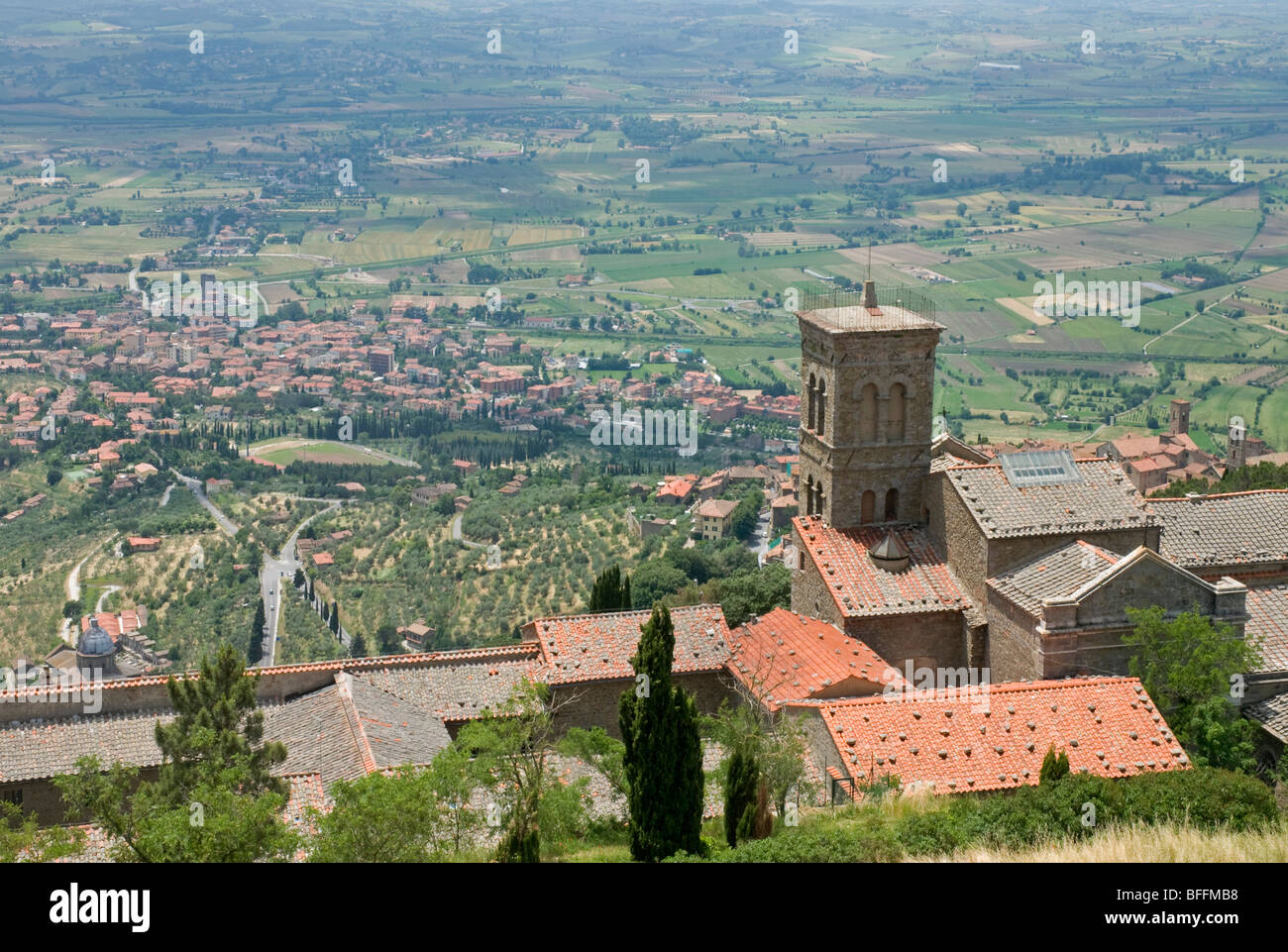 Looking out across the Valdichiana plain from the Fortezza Medicea above Cortona, Tuscany Stock Photo