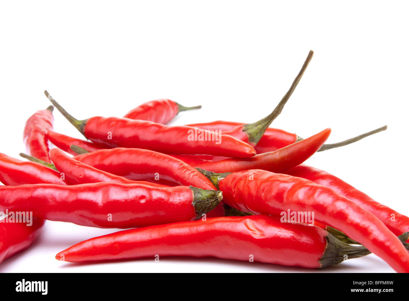 A carpet of red chilli peppers against a white background from low view point. Stock Photo