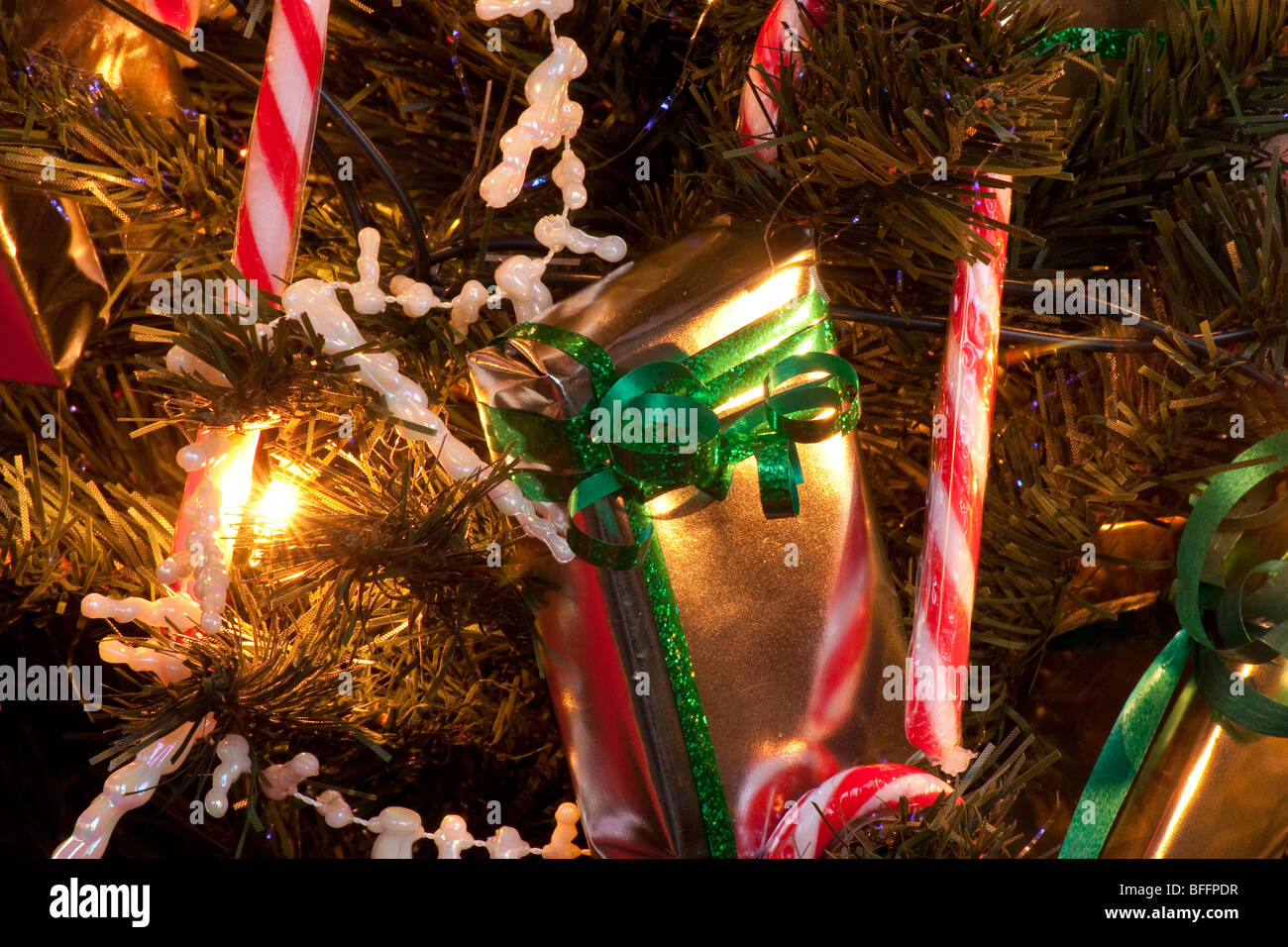 Close up view of Artificial christmas tree with decorations and fairy