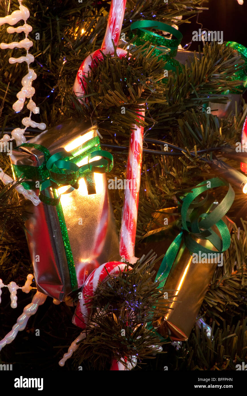 Close up view of Artificial christmas tree with decorations and fairy