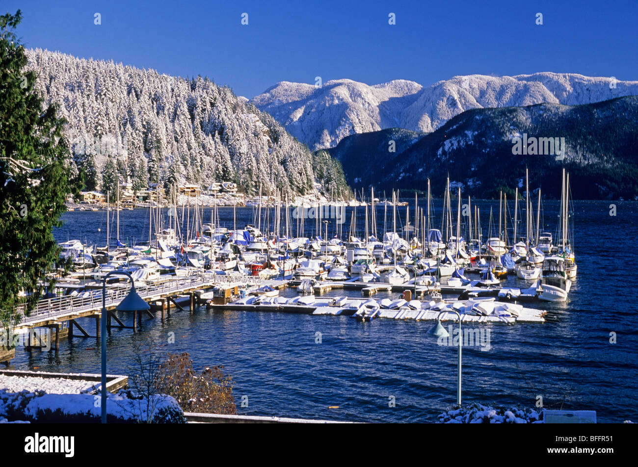 Deep Cove Yacht Club in snow, Deep Cove, North Vancouver, British Columbia, Canada Stock Photo