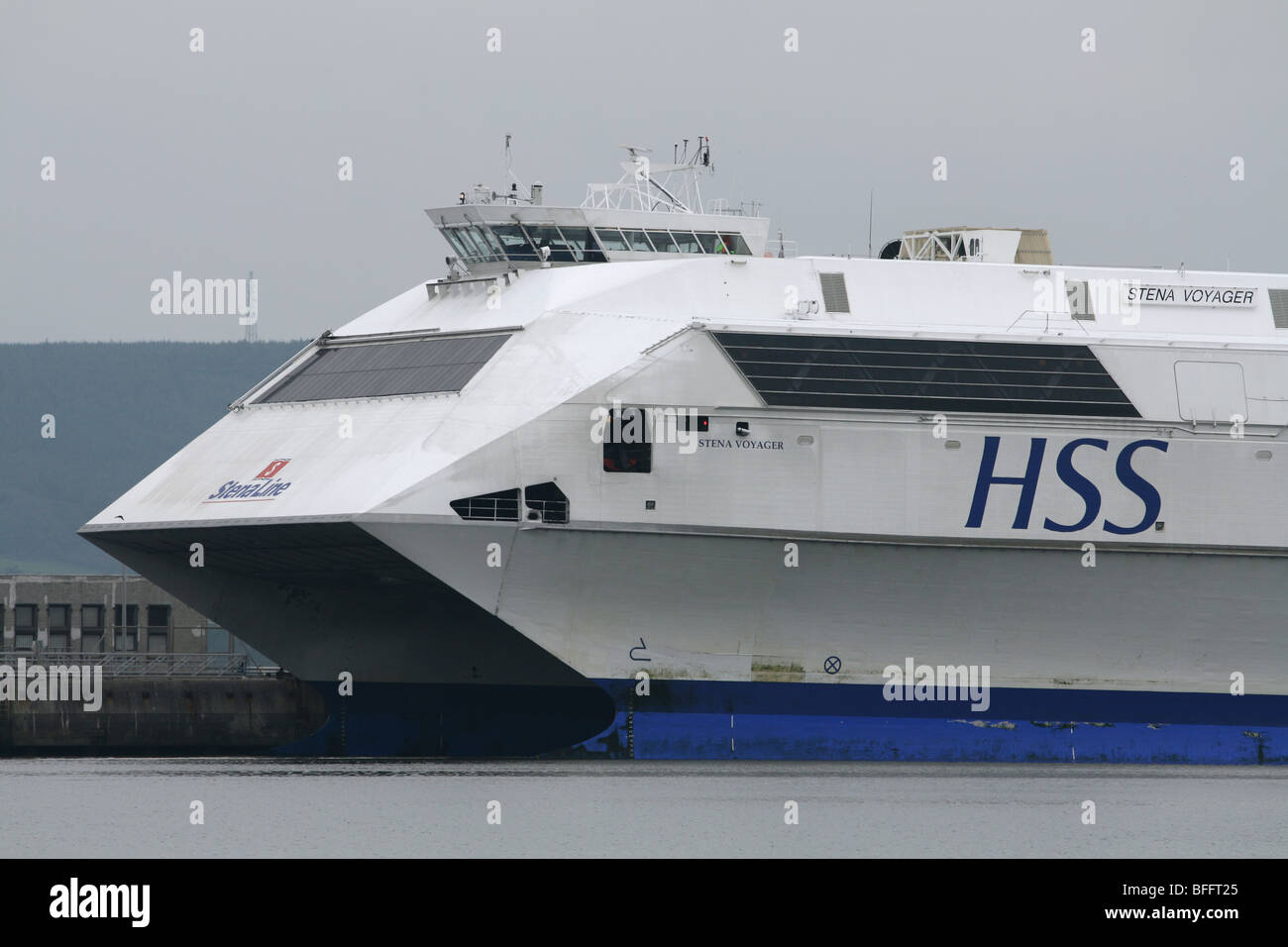 Front of Stena Voyager high speed car ferry docked in Stranraer