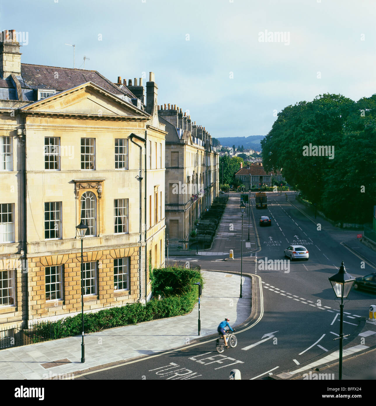 Georgian buildings on the corner of Great Pulteney Street and Sydney Place in the City of Bath Spa, Avon England Stock Photo