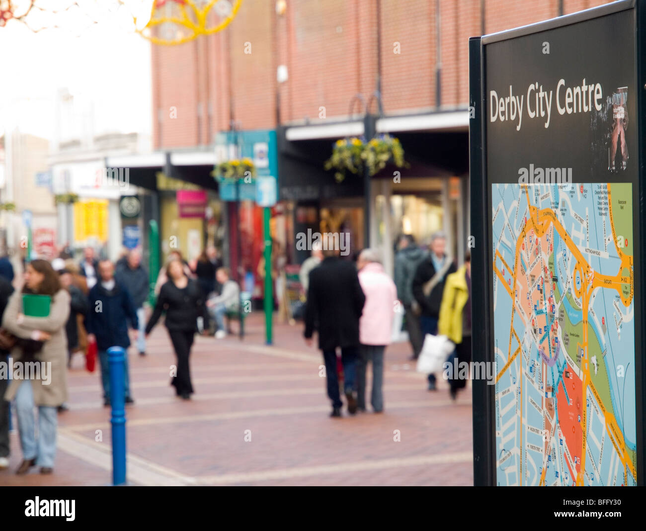 A busy shopping street in Derby City Centre, Derbyshire England UK