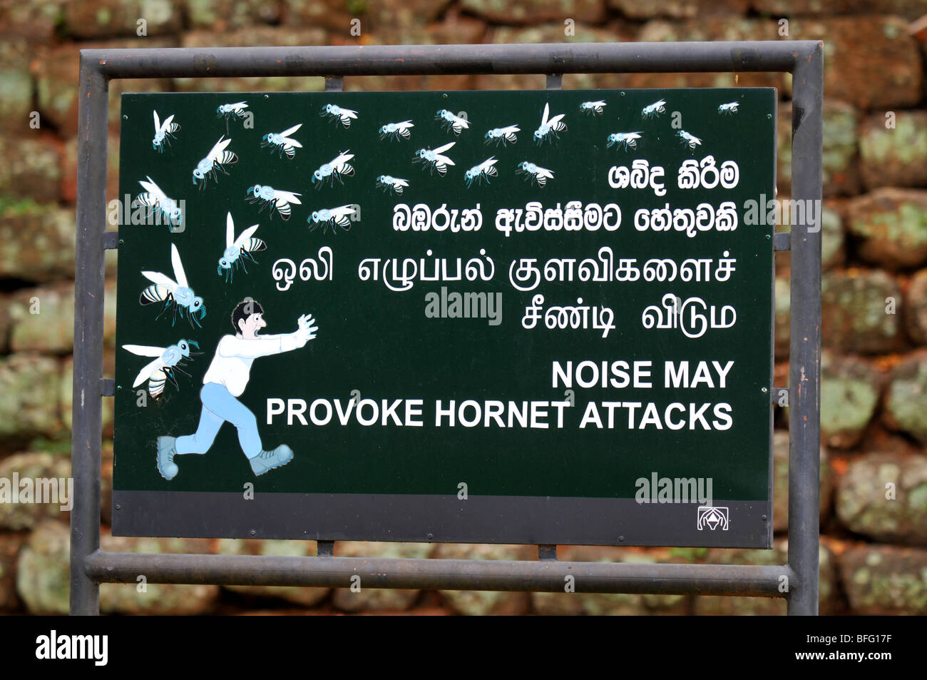 Warning sign, Noise may provoke hornet attacks Stock Photo