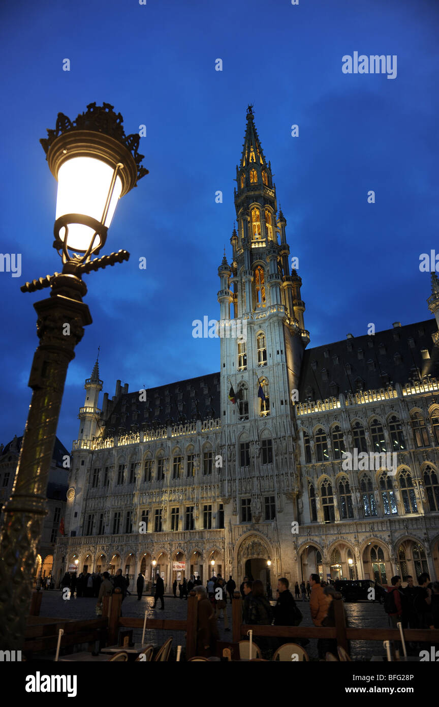 Stadhuis Hotel De Ville Town Hall In The Grote Markt At Night Brussels