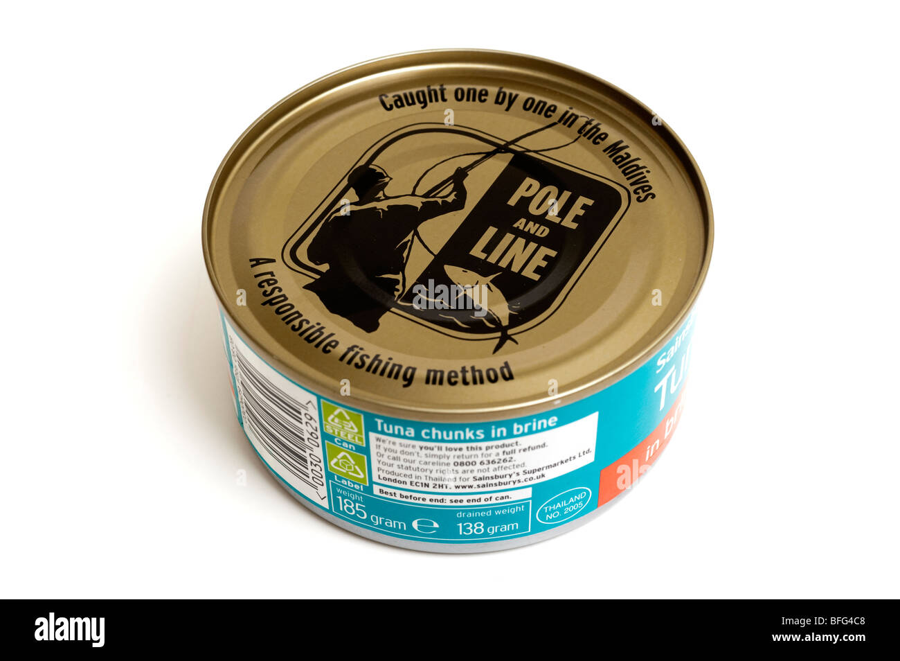 138 gram can of pole and line caught tuna chunks in brine Stock Photo