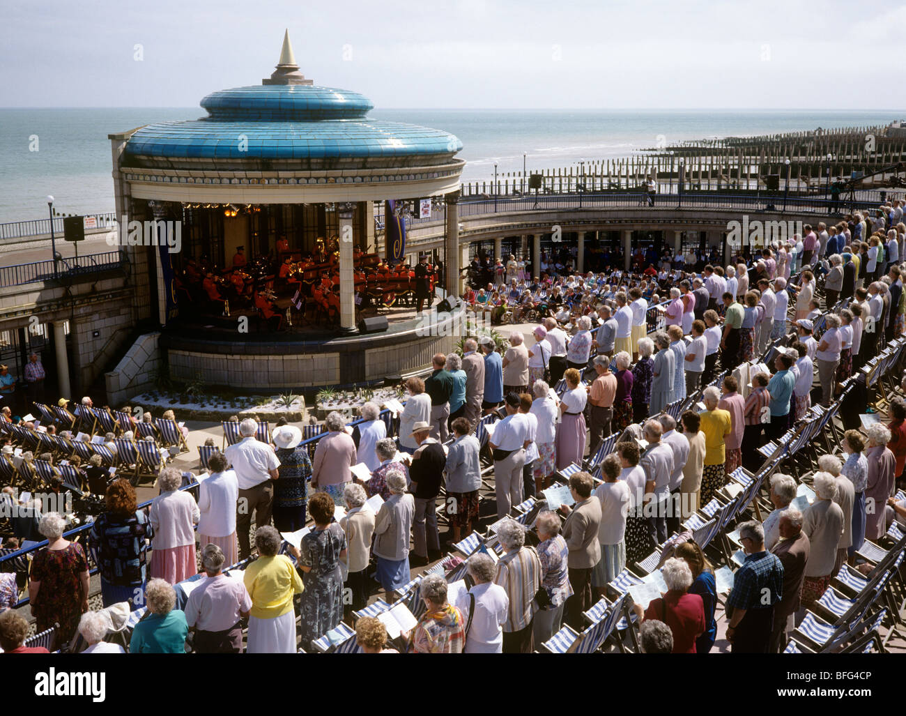 UK, England, Sussex, Eastbourne, promenade recording Songs of Praise TV programme in bandstand Stock Photo