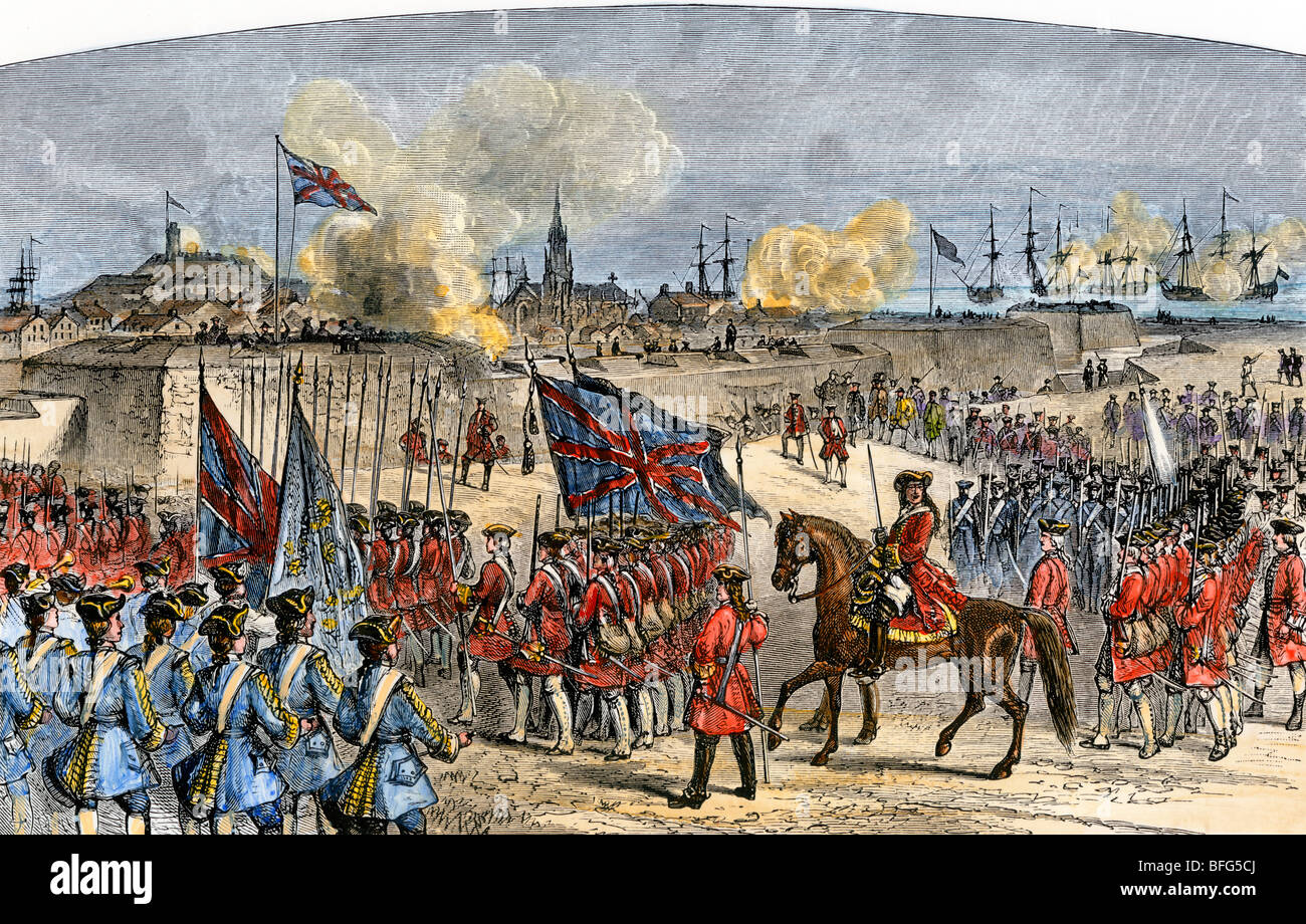 Surrender of Louisbourg to the British under General Jeffrey Amherst, French and Indian War. Hand-colored woodcut Stock Photo