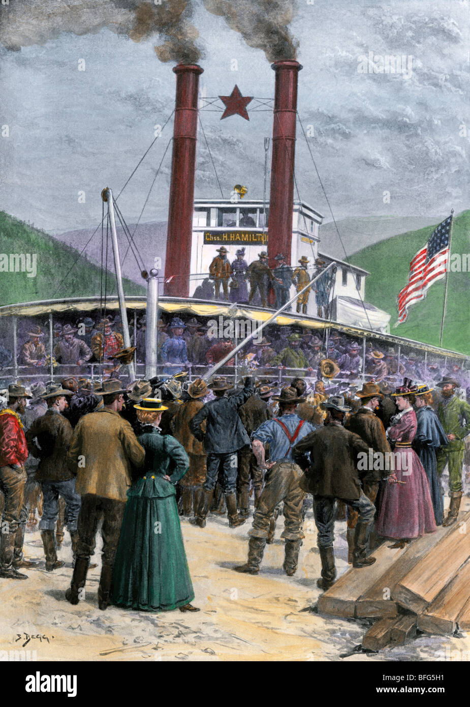First steamer carrying gold out of Dawson City, Yukon Territory, 1898. Hand-colored halftone of an illustration Stock Photo