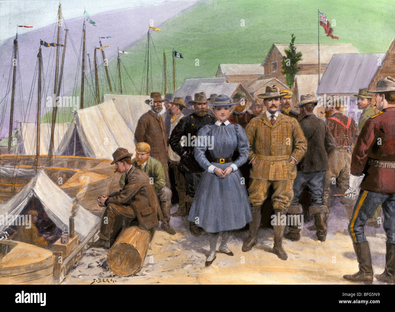 Gold prospectors crowding Dawson City, Yukon Territory, 1898. Hand-colored halftone of an illustration Stock Photo