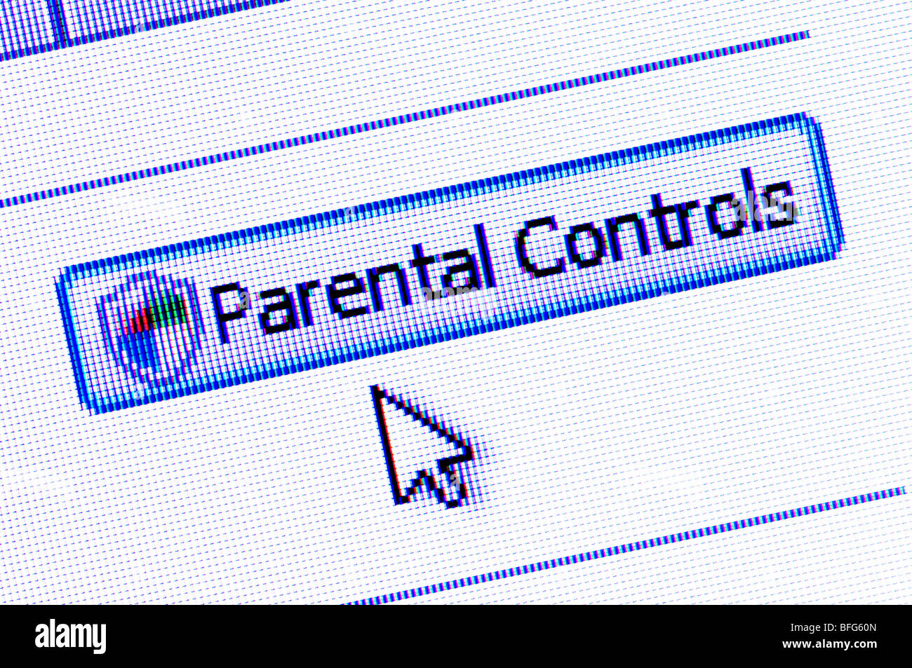Macro screenshot of the parental controls setting tab and cursor / arrow on a computer screen. Stock Photo