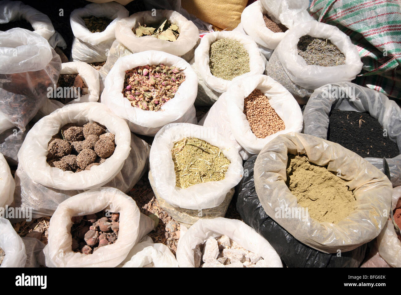 Spices for sale in a tiny village of the Atlas Mountains, Morocco. Stock Photo