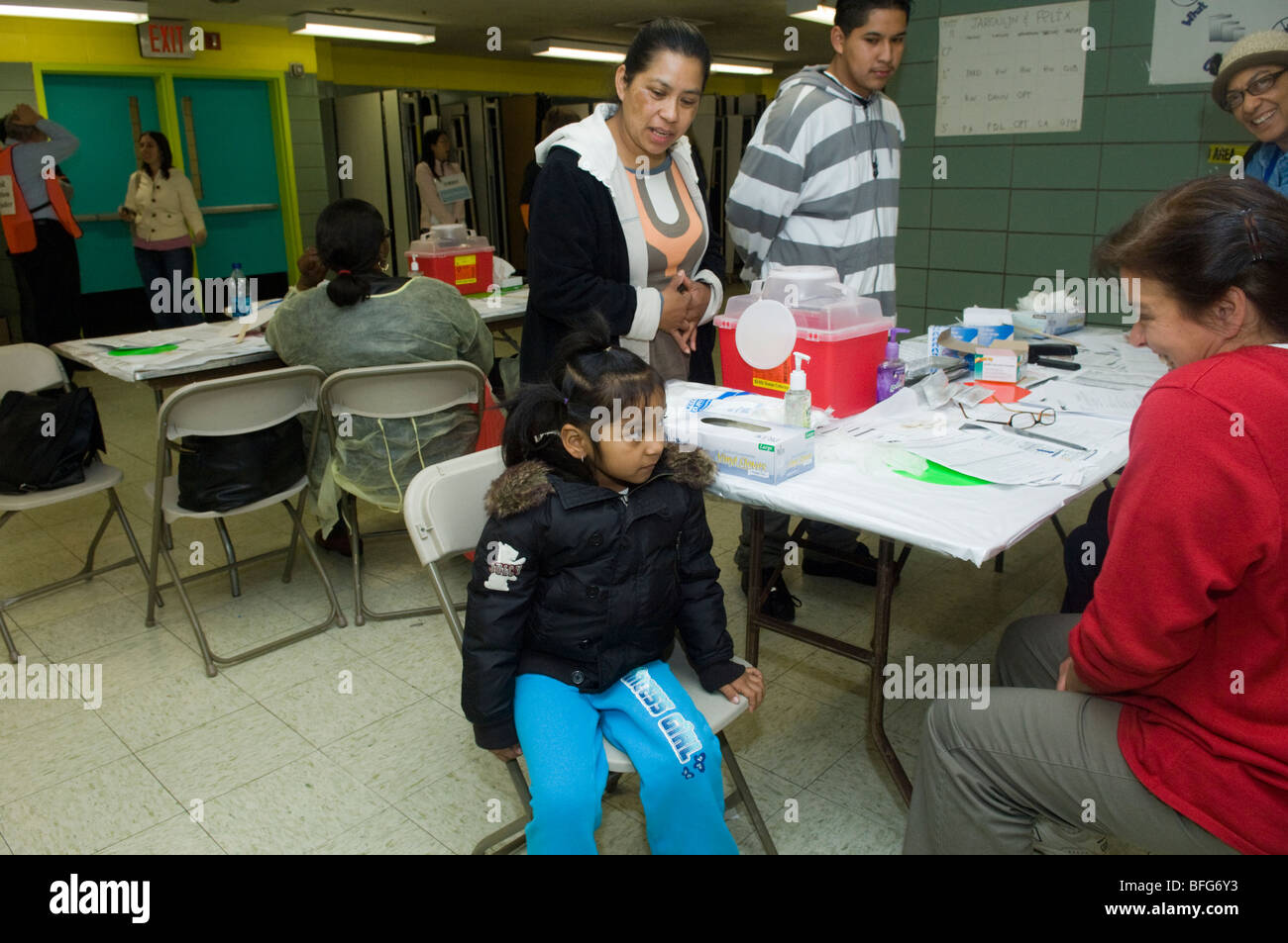 H1N1 influenza nasal spray at a weekend vaccination clinic in the neighborhood of Sunset Park in Brooklyn in New York Stock Photo