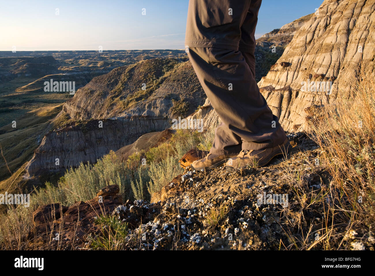 A hiker pauses to take in the view at Dinosaur Provincial Park in Alberta. Stock Photo