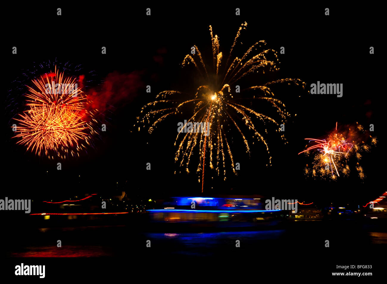 Cruise ships on Rhine river stopping for fireworks Rhein in Flammen near Bingen, Germany Stock Photo