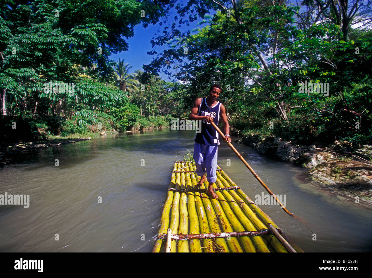 Jamaican man, adult man, tour guide, bamboo raft, bamboo raft trip, The Great River, Great River, village of Lethe, Jamaica Stock Photo