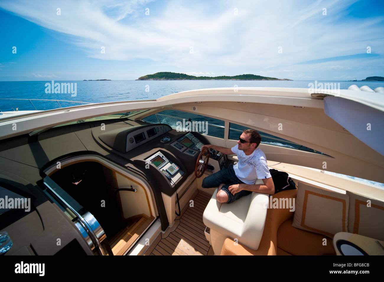 Cockpit and helm of a Della Pieta DP 58 HT sailing along the coast of Croatia and Montenegro Stock Photo