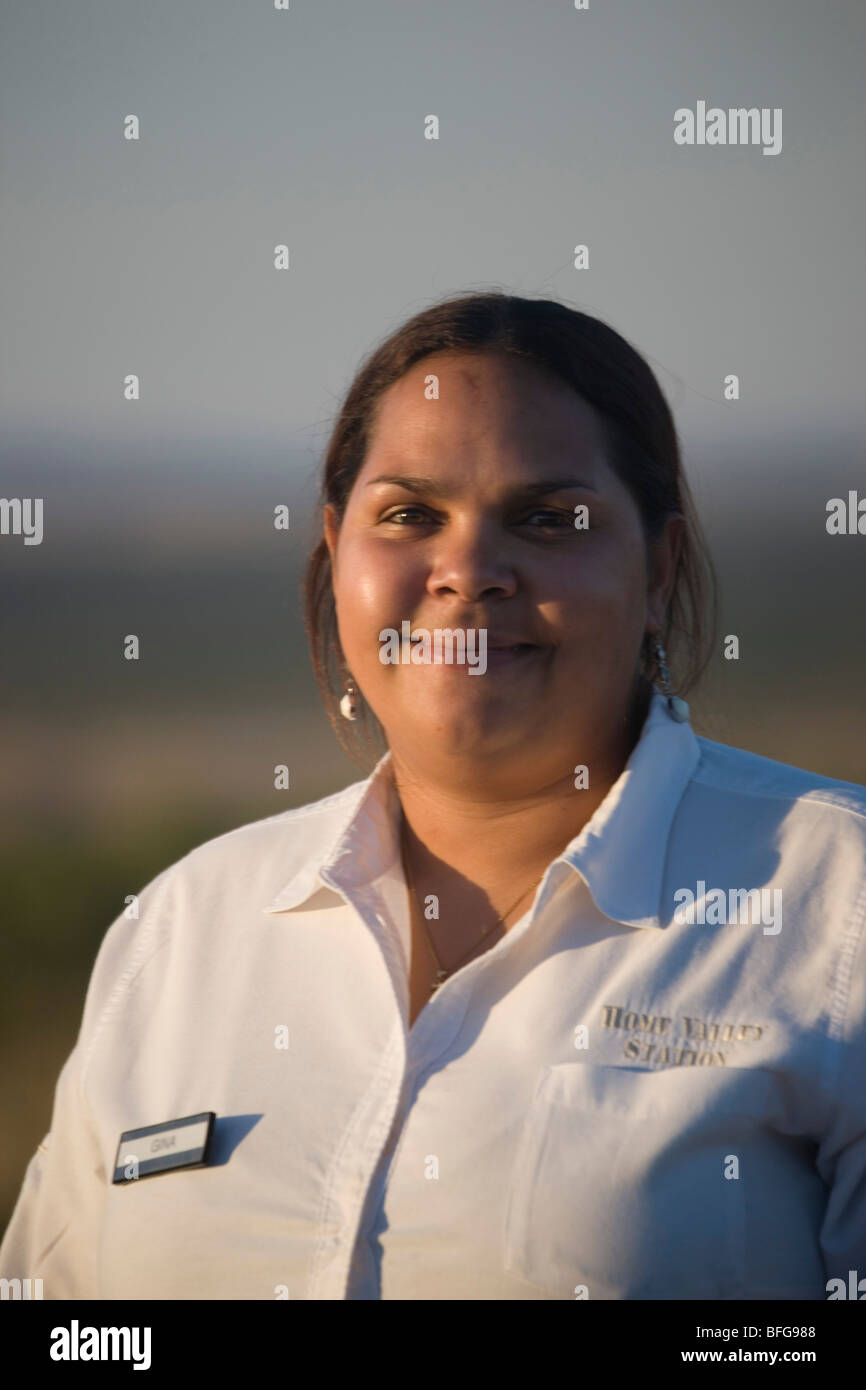 Gina Aboriginal indigenous trainee in the hospitality buseness in Home Valley Station Kimberley W Australia Stock Photo