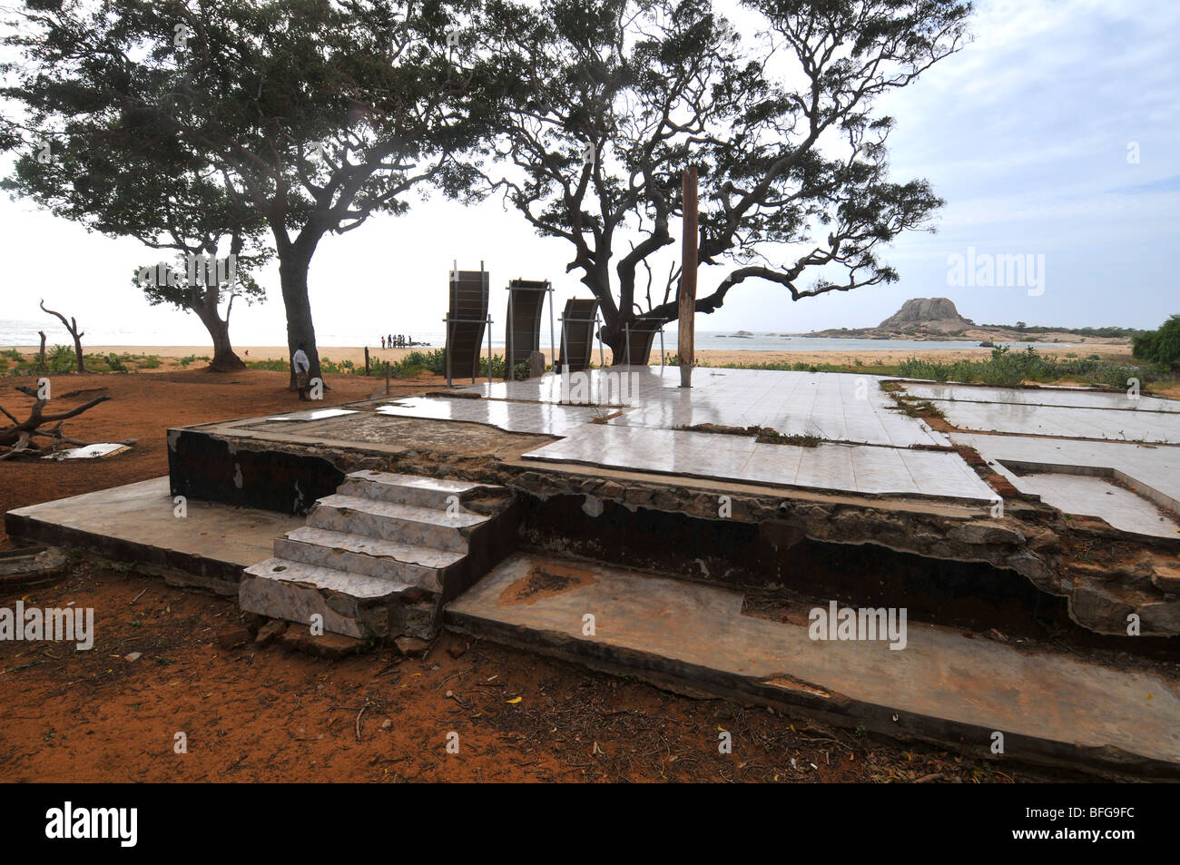 The remaining foundations of buildings, caused by the 2004 tsunami, by the beach at Yala National Park in Sri Lanka Stock Photo